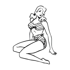 Fototapeta na wymiar Beautiful girl in a bathing suit. Black and white vector illustration.