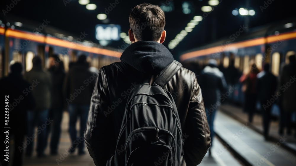 Poster a man with a backpack standing in front of a train. generative ai image.