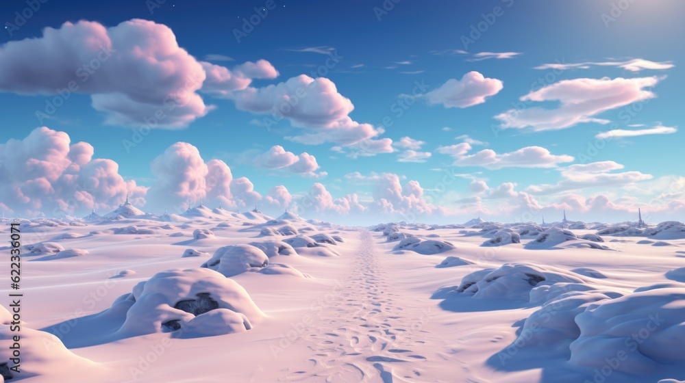 Poster a snowy landscape with footprints in the snow. generative ai image.