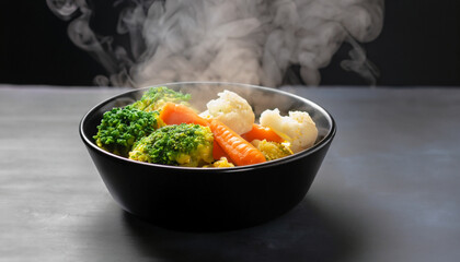 The steam from the vegetables carrot broccoli Cauliflower in a black bowl, a steaming. Boiled hot Healthy food on table on black background, hot food and healthy meal concept