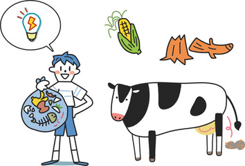 子供たちの未来と再生可能エネルギー　バイオマス発電と小学生　イラスト素材
