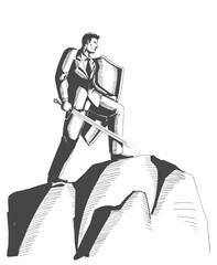 Business concept sketch of an optimistic businessman holding a sword and shield standing on top of a mountain,  preparation, protection, precaution in business concept