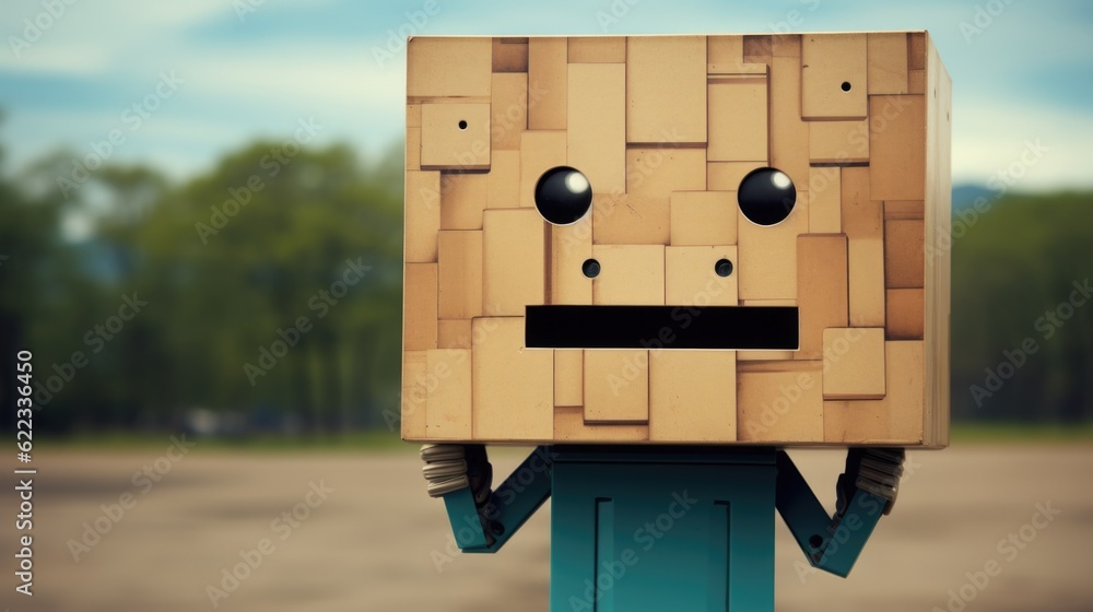 Aufkleber a cardboard box with a face on it. generative ai image.