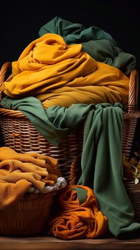 Dirty clothes in laundry basket on dark background. AI generated