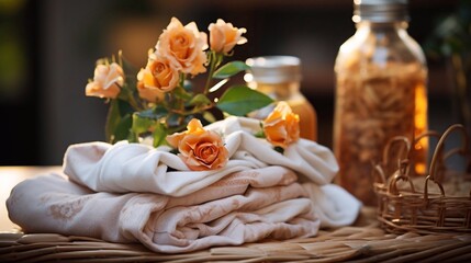 Obraz na płótnie Canvas Blanket with roses on the table. Beauty spa treatment concept. AI generated