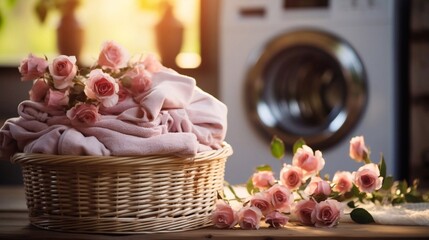 Fototapeta na wymiar Fresh clean pink towels in basket on laundry room with washing machine background. AI generated