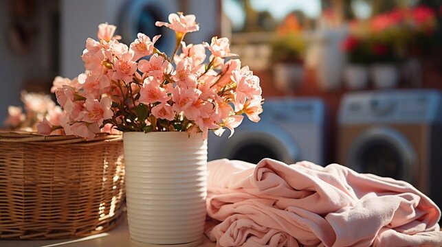  Fresh clean towels and blanket in basket on laundry room with washing machine background. AI generated