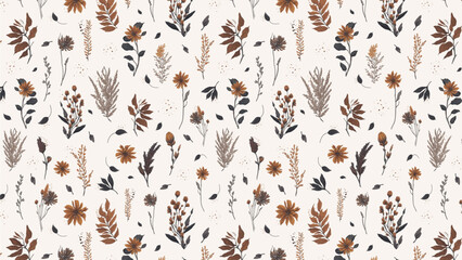 Horizontal background with seamless autumn pattern. Brown leaves, dried flowers, pampas grass. Vector