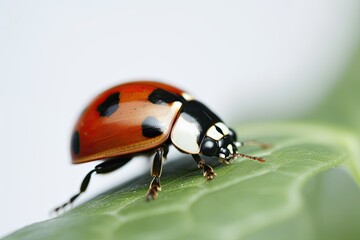 Fototapeta premium Close-up of a Red ladybug on a leaf isolated on a white background.
