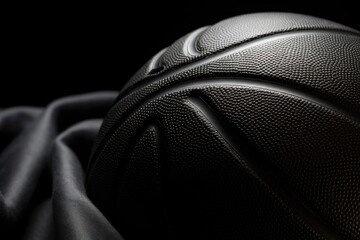 Close-up of a black basketball on a black background.