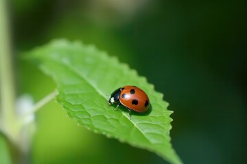 A small red ladybug sits on a green leaf.