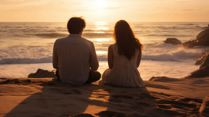 The guy and the girl are sitting on the sand on the sea beach on a sunny day