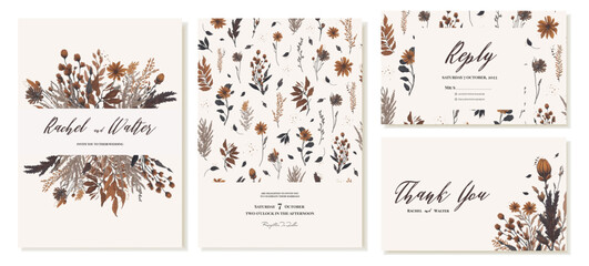 Wedding invitation templates and thank you cards with autumn bouquet . Brown, golden branches and leaves, pampas grass, dry grass, boho. Vector