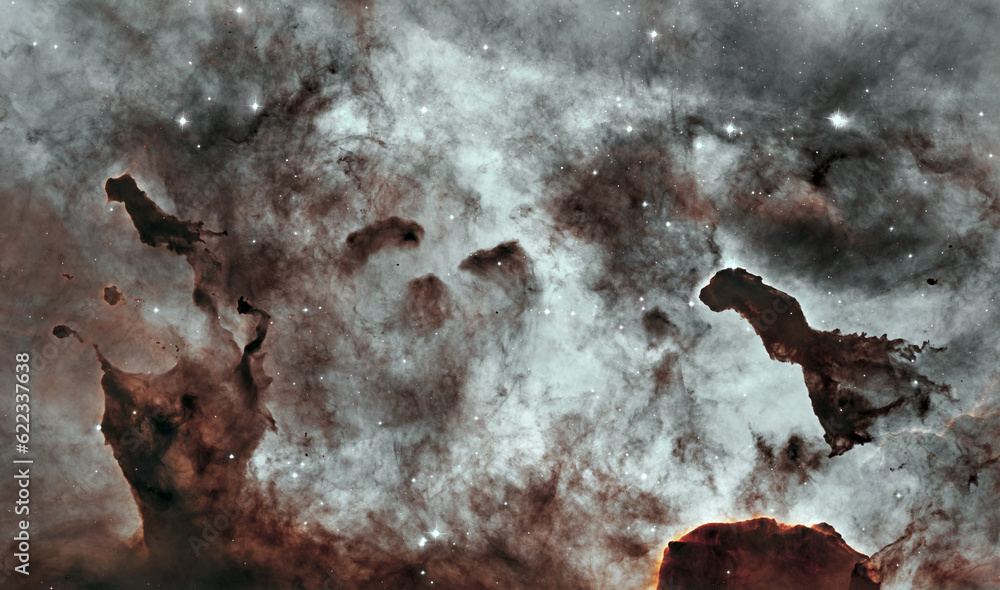 Poster dust pillars in the carina nebula, also known as the grand nebula. large bright nebula that has with