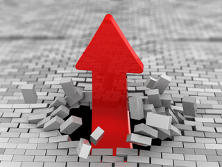 3d illustration of upward red arrow breaking brick wall