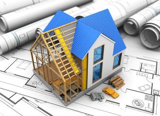 3d illustration of house structure model over blueprints background