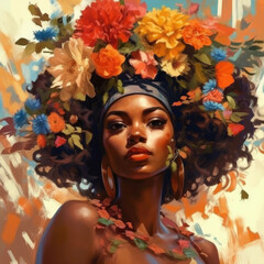 Obraz na płótnie Canvas Art of a beautiful african woman with flowers in her hair. Generative ai.