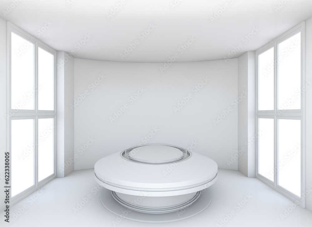 Poster empty showroom with circle table for exhibit. white background. 3d rendering