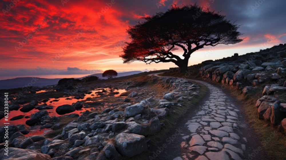 Aufkleber a lone tree stands on the edge of a rocky path. generative ai image.
