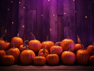 Halloween background with pumpkins on wooden planks. Copy space.