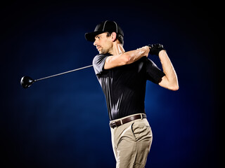 one caucasian  man golfer golfing isolated