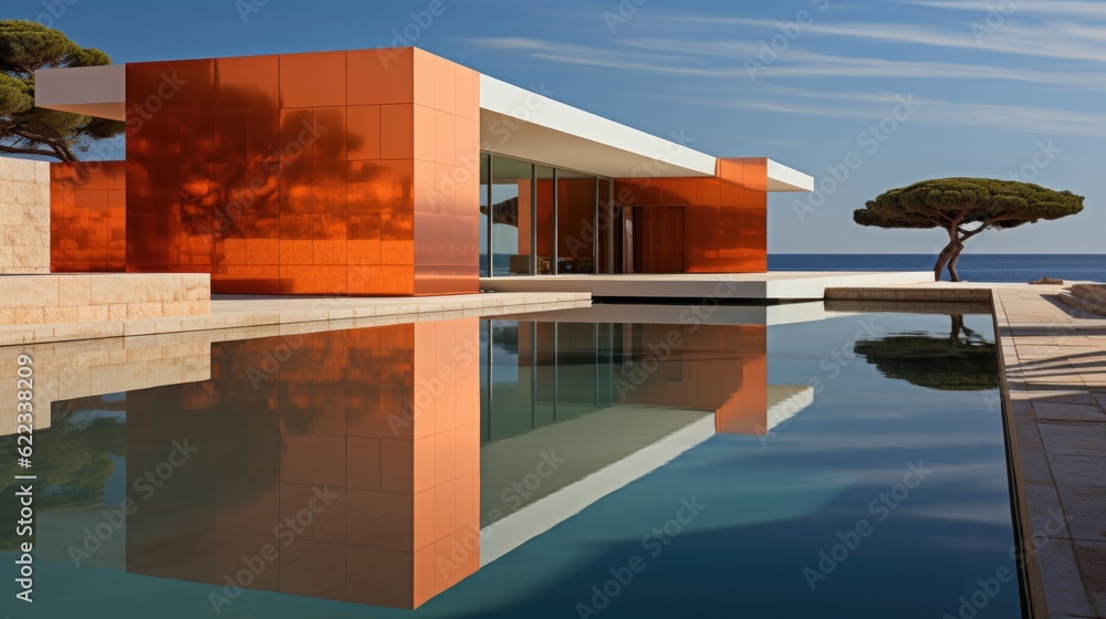 Poster a building with a pool in front of it. generative ai image.