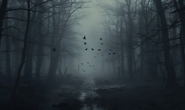 Mysterious dark forest with fog and flying birds. Halloween background