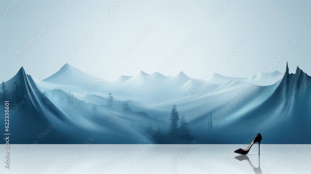 Poster a high heeled shoe stands in front of a mountain backdrop. generative ai image.