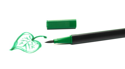 Green brush pen with symbol leaf isolated on white, side view