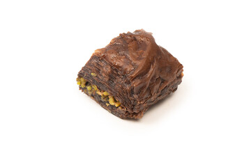 Turkish chocolate baklava isolated on white background.
