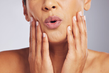Lips, pouting or hands of a woman for skincare, beauty or dermatology wellness. Mouth, anti aging...