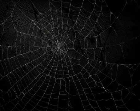 Spider web on black background. Halloween or horror concept. Space for text.