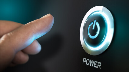 Finger about to press a power button. Hardware equipment concept. Composite between an image and a...