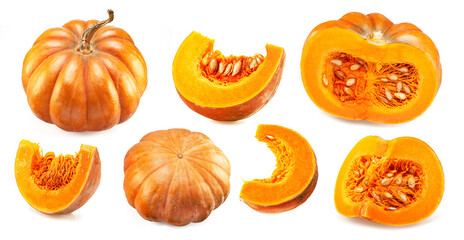 Set of ripe orange pumpkins and pumpkin slices isolated on white background.