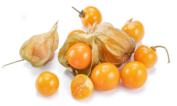 Ripe physalis or golden berry fruits in calyx isolated on white background.