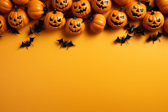 Halloween background with pumpkins, spiders and bats on orange background