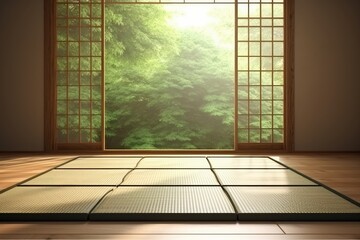 Close up of Japanese tatami mat floor wooden frame, AI - obrazy, fototapety, plakaty