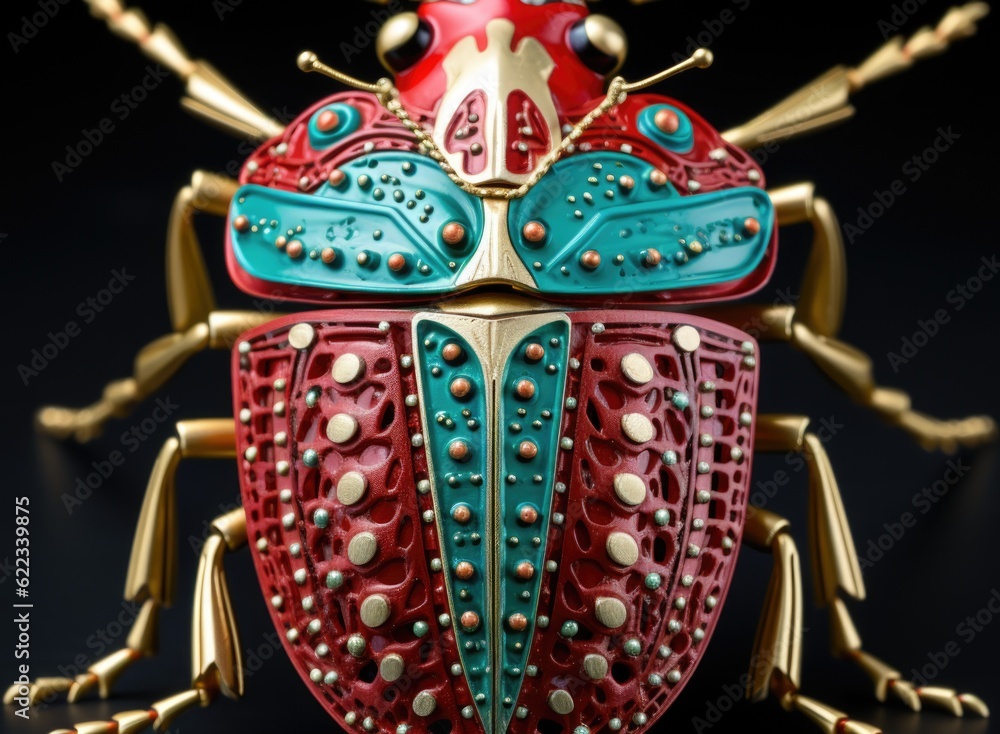 Poster a close up of a colorful bug on a black surface. generative ai image.