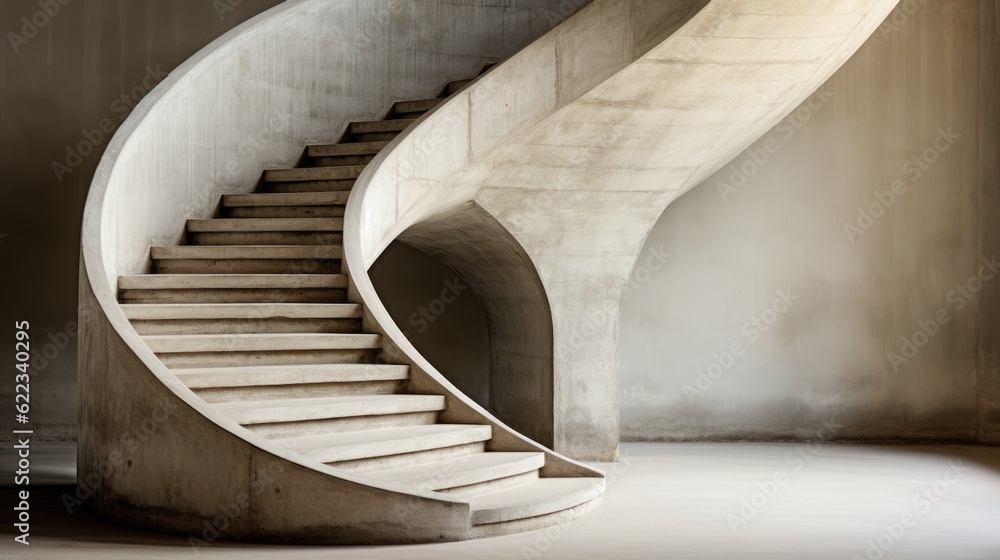 Poster a spiral staircase in an empty room. generative ai image.