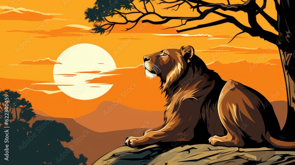 Poster a lion sitting on top of a rock next to a tree. generative ai image.