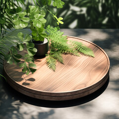 teak wooden podium table with a smooth, beautiful grain finish sits atop a blank concrete floor, ideal for showcasing high-end, organic cosmetic, skincare, and beauty products.