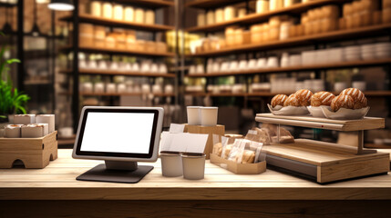 blank monitor and touchscreen tablet in cash register, wooden counter in a cozy, eco-friendly bakery grocery store with product displays. Ideal 3D scene for showcasing luxury organic products.