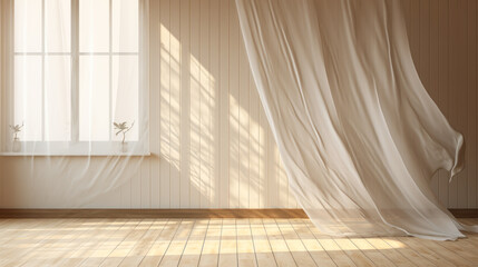 Billowing white sheer curtain, sunlight through window, beige-brown striped wall, parquet floor—a 3D backdrop for interior design and home product displays with a focus on air flow ventilation. - obrazy, fototapety, plakaty