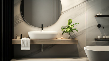 Fototapeta premium Modern loft bathroom with white marble vanity, black round mirror, glass partition, and polished cement walls—a perfect 3D backdrop for cosmetic, beauty, and toiletries product displays.