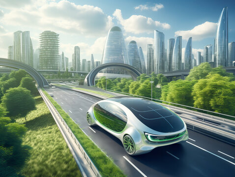 Ecological electric car on the background of the city of the future. Eco car. Generative AI