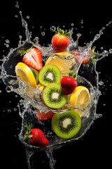 Fresh sliced fruits with splash water in black background, AI generated Image