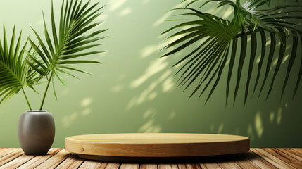 Empty wood table with a tropical palm tree in dappled sunlight, leaf shadows on a green wall—perfect 3D background for luxury organic cosmetic, skincare, beauty treatment, and nature product displays.