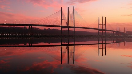 Fototapeta na wymiar A bridge over a body of water at sunset. Generative AI image.