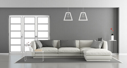 White and gray living room with modern sofa and window - 3d rendering