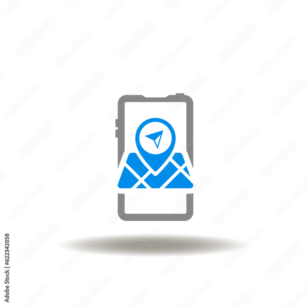 Poster vector illustration of smartphone with map and navigation place pin pointer. icon of gps navigator. 